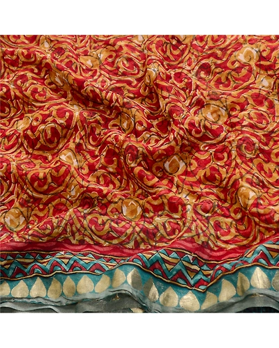 Sanskriti Vintage Dark Red Sarees Pure Georgette Silk Printed Sari Craft Fabric, PRG-12519-Dark Red &amp; Blue-Printed Floral Design-Pure Georgette Silk-6