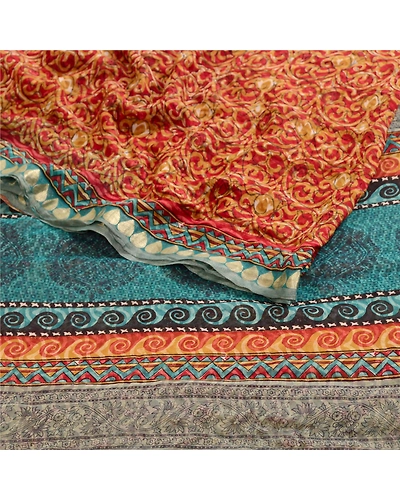 Sanskriti Vintage Dark Red Sarees Pure Georgette Silk Printed Sari Craft Fabric, PRG-12519-Dark Red &amp; Blue-Printed Floral Design-Pure Georgette Silk-7