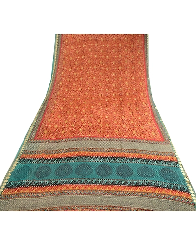 Sanskriti Vintage Dark Red Sarees Pure Georgette Silk Printed Sari Craft Fabric, PRG-12519-Dark Red &amp; Blue-Printed Floral Design-Pure Georgette Silk-8