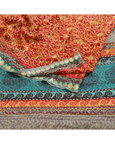 Sanskriti Vintage Dark Red Sarees Pure Georgette Silk Printed Sari Craft Fabric, PRG-12519-Dark Red &amp; Blue-Printed Floral Design-Pure Georgette Silk-9
