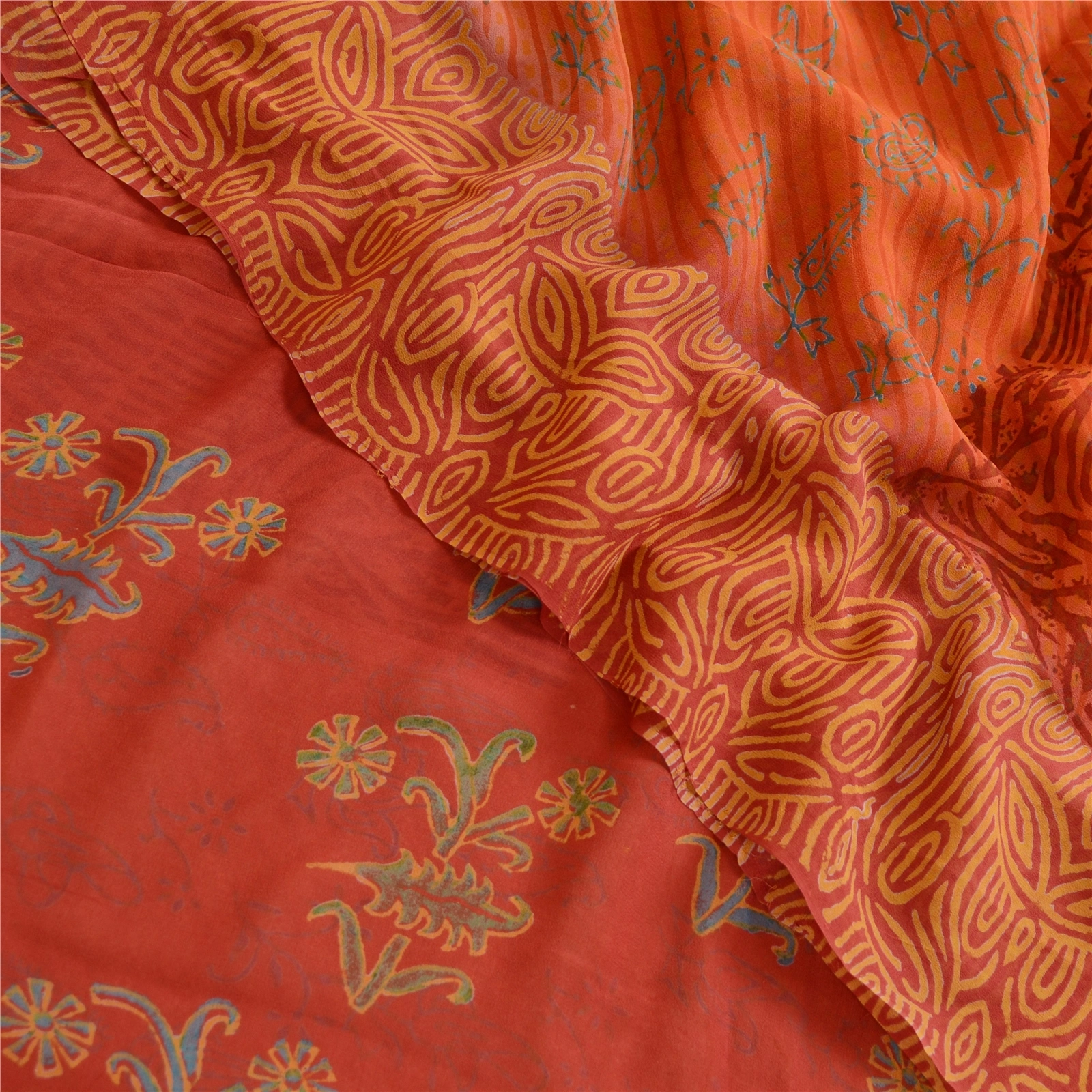 Sanskriti Vintage Orange Sarees Pure Georgette Silk Printed Sari Craft Fabric, PRG-12522-Brick Red &amp; Orange-Printed Floral Design-Pure Georgette Silk-1