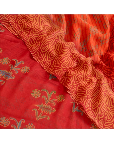 Sanskriti Vintage Orange Sarees Pure Georgette Silk Printed Sari Craft Fabric, PRG-12522-Brick Red &amp; Orange-Printed Floral Design-Pure Georgette Silk-1