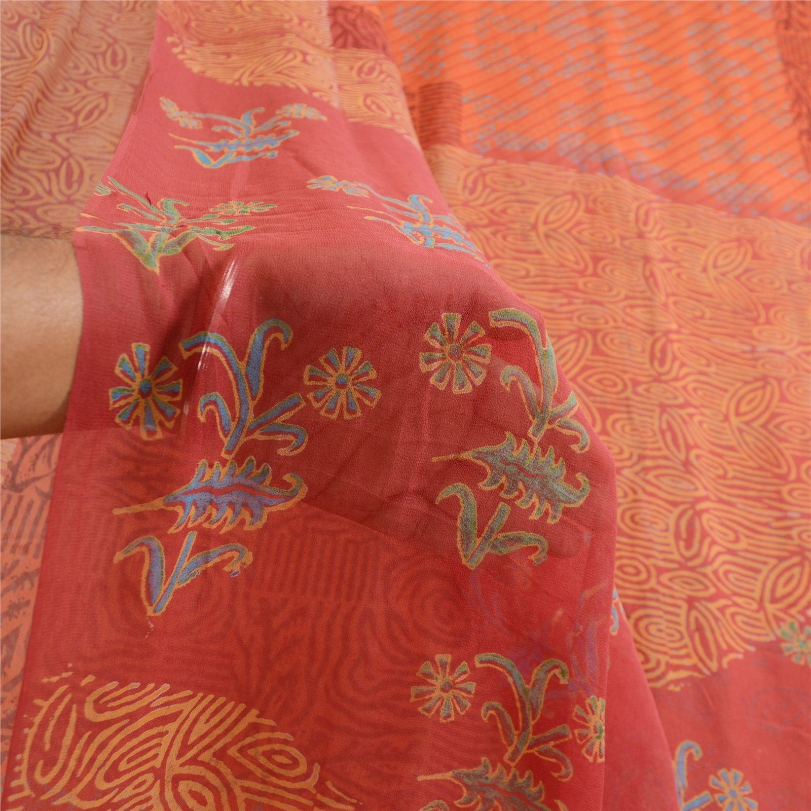 Sanskriti Vintage Orange Sarees Pure Georgette Silk Printed Sari Craft Fabric, PRG-12522-Brick Red &amp; Orange-Printed Floral Design-Pure Georgette Silk-4