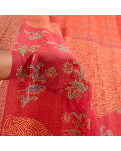 Sanskriti Vintage Orange Sarees Pure Georgette Silk Printed Sari Craft Fabric, PRG-12522-Brick Red &amp; Orange-Printed Floral Design-Pure Georgette Silk-4
