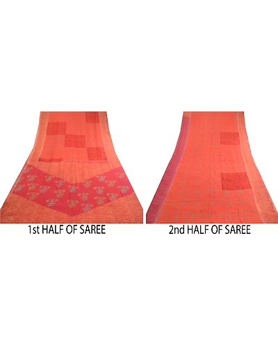 Sanskriti Vintage Orange Sarees Pure Georgette Silk Printed Sari Craft Fabric, PRG-12522-Brick Red &amp; Orange-Printed Floral Design-Pure Georgette Silk-5