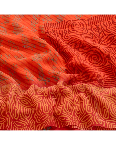Sanskriti Vintage Orange Sarees Pure Georgette Silk Printed Sari Craft Fabric, PRG-12522-Brick Red &amp; Orange-Printed Floral Design-Pure Georgette Silk-6