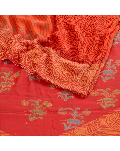 Sanskriti Vintage Orange Sarees Pure Georgette Silk Printed Sari Craft Fabric, PRG-12522-Brick Red &amp; Orange-Printed Floral Design-Pure Georgette Silk-7