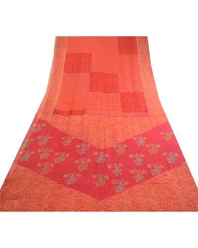 Sanskriti Vintage Orange Sarees Pure Georgette Silk Printed Sari Craft Fabric, PRG-12522-Brick Red &amp; Orange-Printed Floral Design-Pure Georgette Silk-8