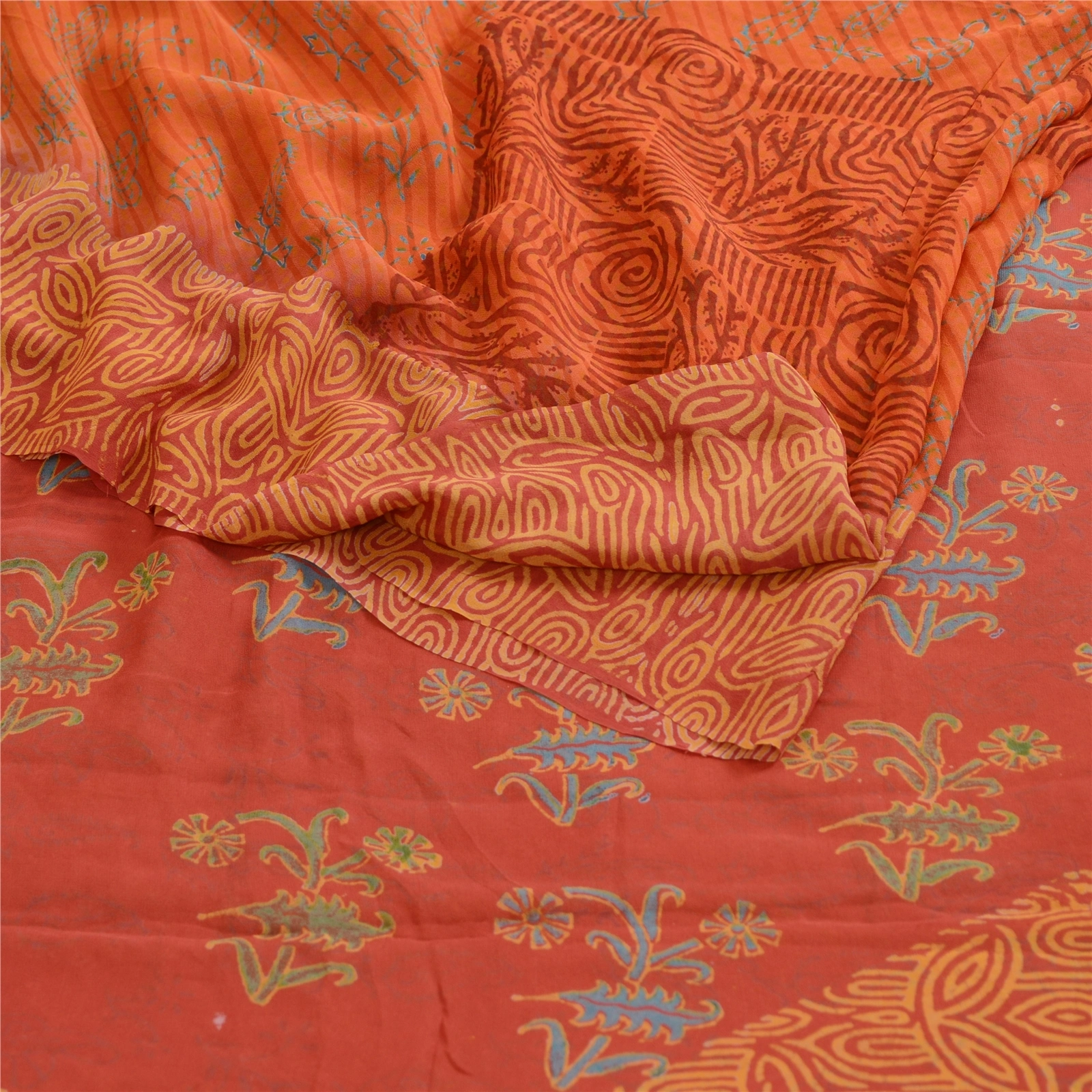 Sanskriti Vintage Orange Sarees Pure Georgette Silk Printed Sari Craft Fabric, PRG-12522-Brick Red &amp; Orange-Printed Floral Design-Pure Georgette Silk-9