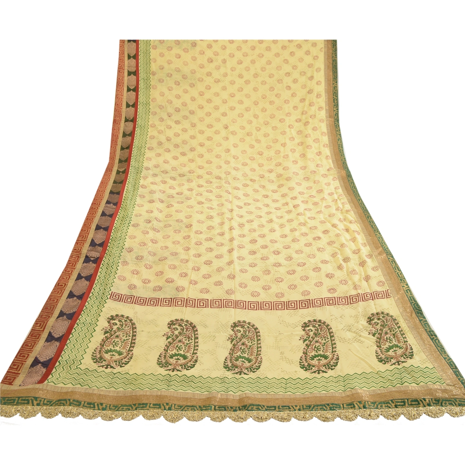 Sanskriti Vintage Sarees Ivory Hand Block Print Lace Blend Georgette Sari Fabric, PRG-12527-Ivory-Printed Floral Design-Blend Georgette-8