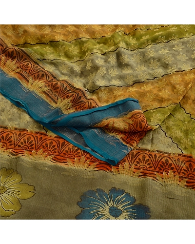 Sanskriti Vintage Sarees Multi Print Woven Pure Georgette Silk Sari Craft Fabric, PRG-12528-Multi-Printed Floral Design-Pure Georgette Silk-9
