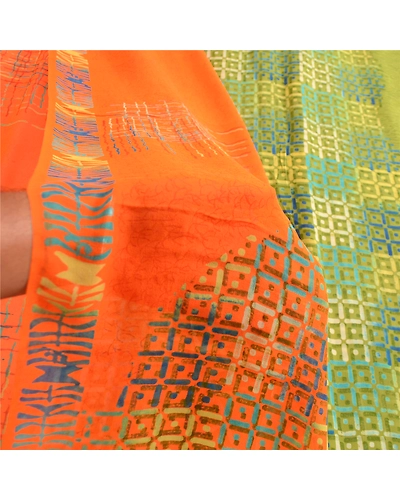 Sanskriti Vintage Sarees Green Pure Georgette Silk Printed Sari 5Yd Craft Fabric, PRG-12536-Green-Printed Floral Design-Pure Georgette Silk-4