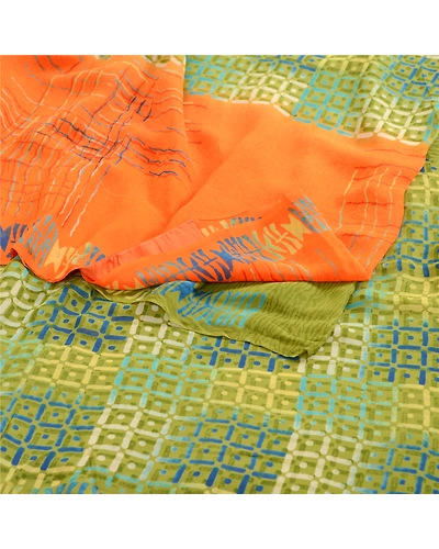 Sanskriti Vintage Sarees Green Pure Georgette Silk Printed Sari 5Yd Craft Fabric, PRG-12536-Green-Printed Floral Design-Pure Georgette Silk-9
