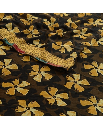 Sanskriti Vintage Sarees Black Indian Pure Georgette Silk Printed Sari Fabric, PRG-12547-Black-Printed Floral Design-Pure Georgette Silk-7