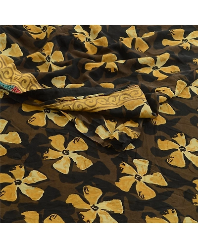 Sanskriti Vintage Sarees Black Indian Pure Georgette Silk Printed Sari Fabric, PRG-12547-Black-Printed Floral Design-Pure Georgette Silk-9