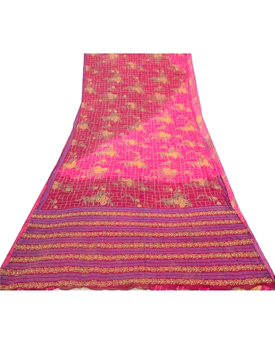 Sanskriti Vintage Sarees Purple Pure Chiffon Silk Rhienstone Printed Sari Fabric, PRG-12589-Purple-Printed Floral Design-Pure Chiffon Silk-8