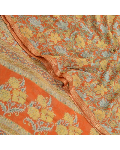Sanskriti Vintage Sarees Indian Orange Georgette Printed Sari Soft Craft Fabric, PRG-12590-Orange-Printed Floral Design-Poly Georgette-1