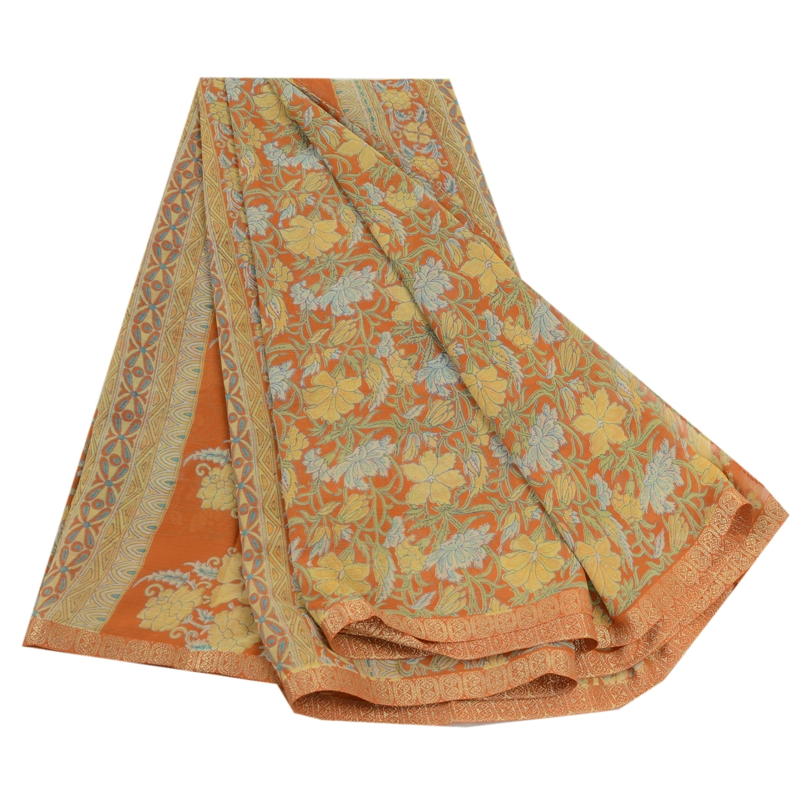 Sanskriti Vintage Sarees Indian Orange Georgette Printed Sari Soft Craft Fabric, PRG-12590-Orange-Printed Floral Design-Poly Georgette-2