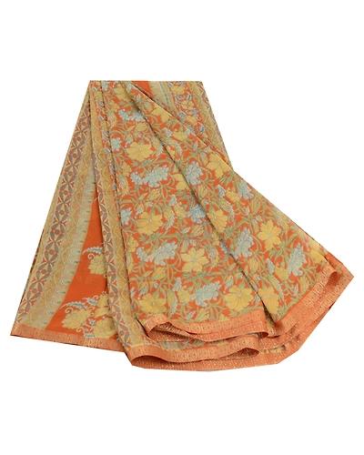 Sanskriti Vintage Sarees Indian Orange Georgette Printed Sari Soft Craft Fabric, PRG-12590-Orange-Printed Floral Design-Poly Georgette-2