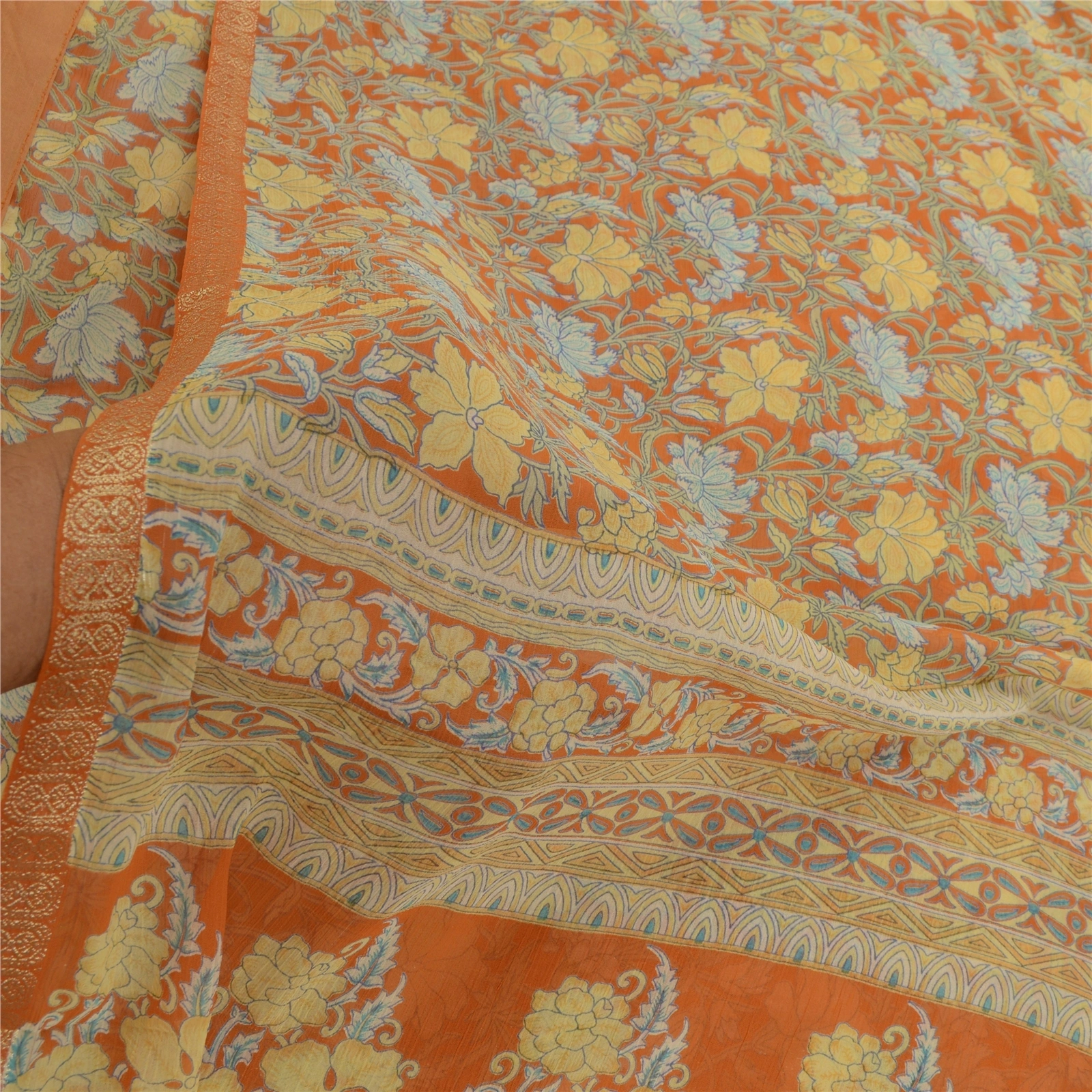 Sanskriti Vintage Sarees Indian Orange Georgette Printed Sari Soft Craft Fabric, PRG-12590-Orange-Printed Floral Design-Poly Georgette-4