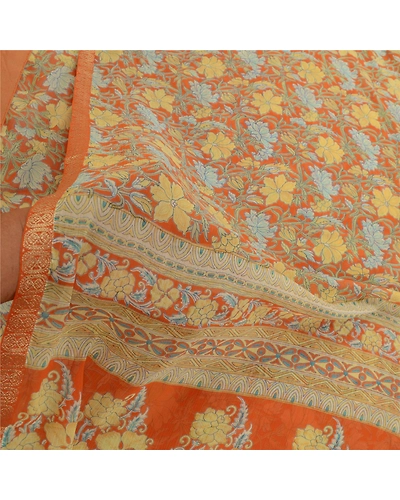 Sanskriti Vintage Sarees Indian Orange Georgette Printed Sari Soft Craft Fabric, PRG-12590-Orange-Printed Floral Design-Poly Georgette-4