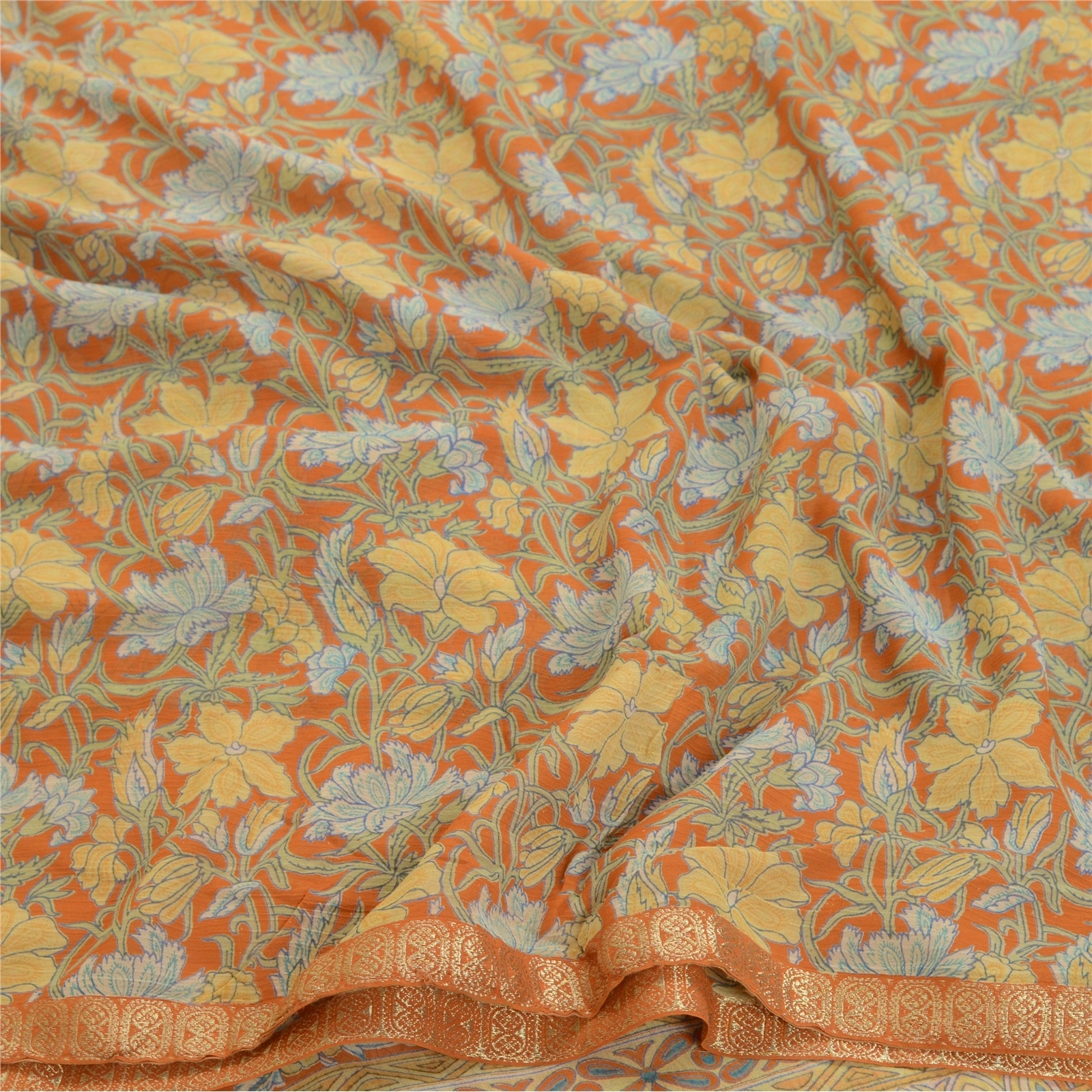 Sanskriti Vintage Sarees Indian Orange Georgette Printed Sari Soft Craft Fabric, PRG-12590-Orange-Printed Floral Design-Poly Georgette-6