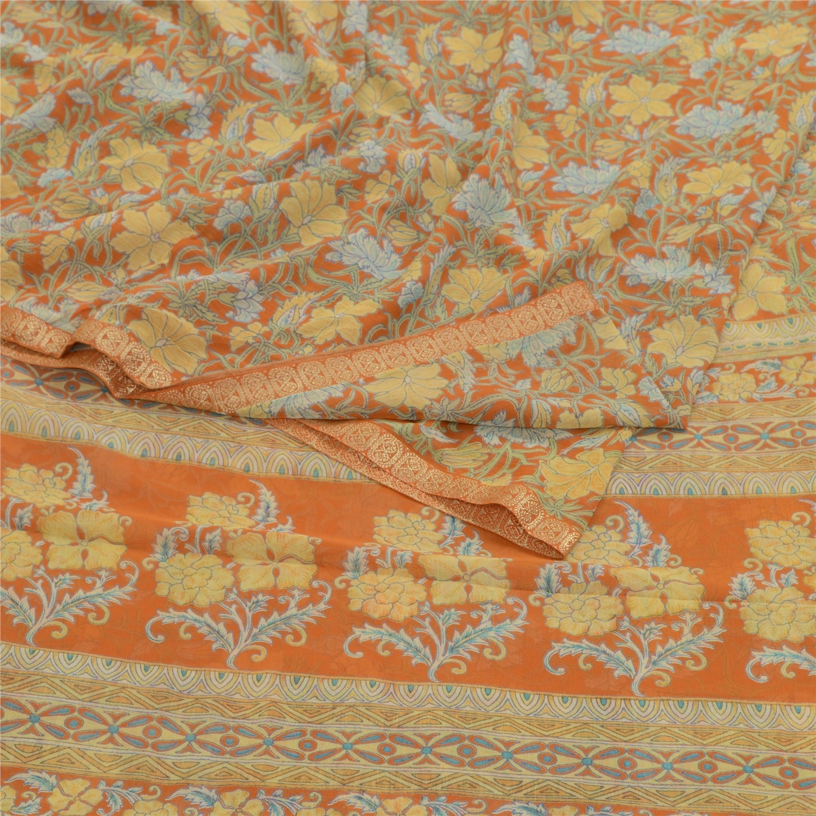 Sanskriti Vintage Sarees Indian Orange Georgette Printed Sari Soft Craft Fabric, PRG-12590-Orange-Printed Floral Design-Poly Georgette-7