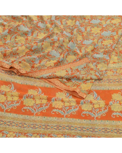 Sanskriti Vintage Sarees Indian Orange Georgette Printed Sari Soft Craft Fabric, PRG-12590-Orange-Printed Floral Design-Poly Georgette-7