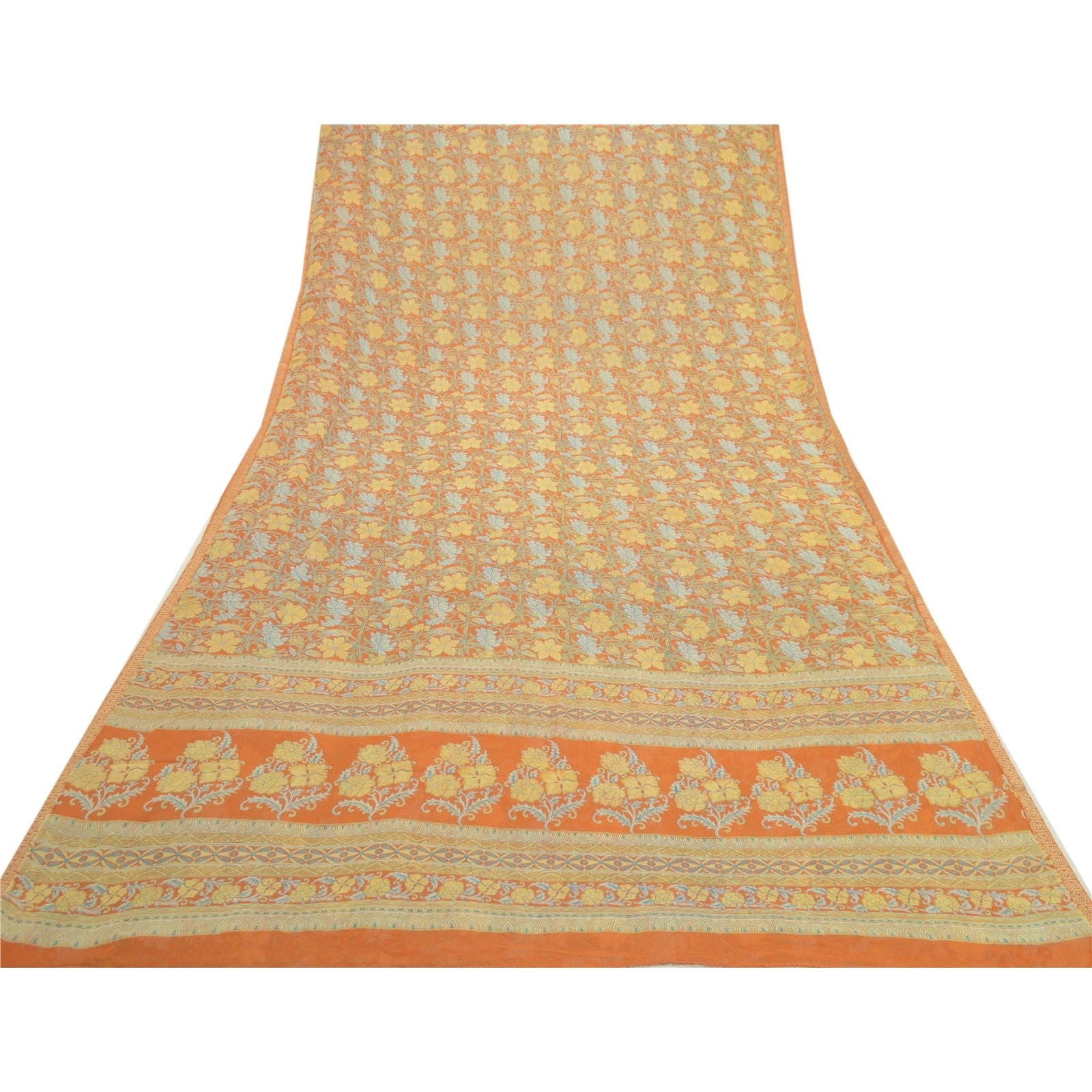 Sanskriti Vintage Sarees Indian Orange Georgette Printed Sari Soft Craft Fabric, PRG-12590-Orange-Printed Floral Design-Poly Georgette-8