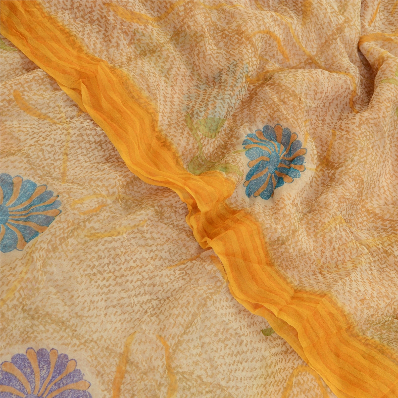 Sanskriti Vintage Sarees Indian Yellow Pure Chiffon Silk Print Sari Craft Fabric, PRG-12597-Yellow-Printed Floral Design-Pure Chiffon Silk-1