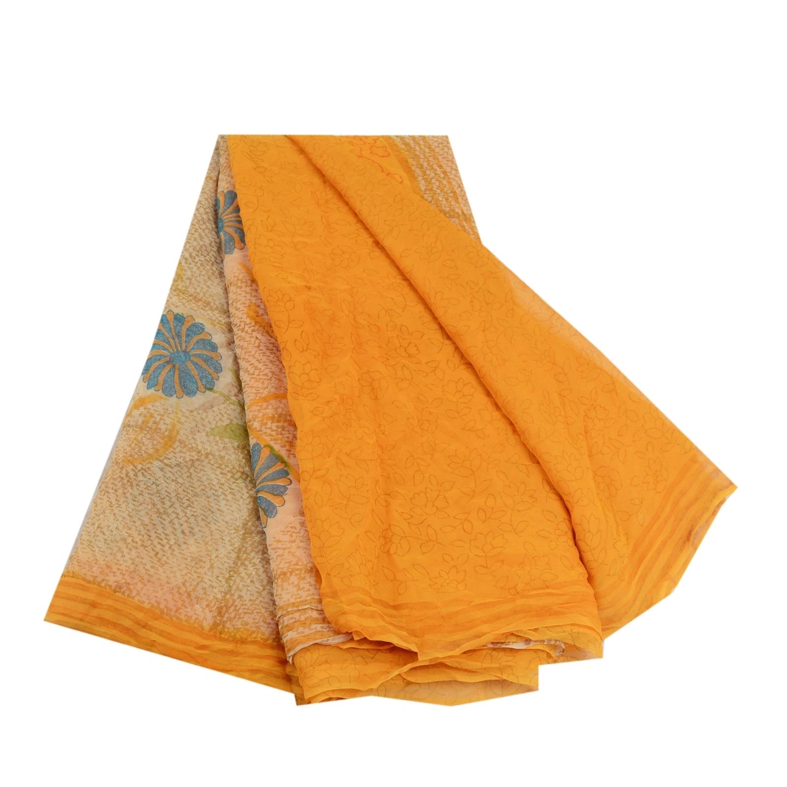 Sanskriti Vintage Sarees Indian Yellow Pure Chiffon Silk Print Sari Craft Fabric, PRG-12597-Yellow-Printed Floral Design-Pure Chiffon Silk-2