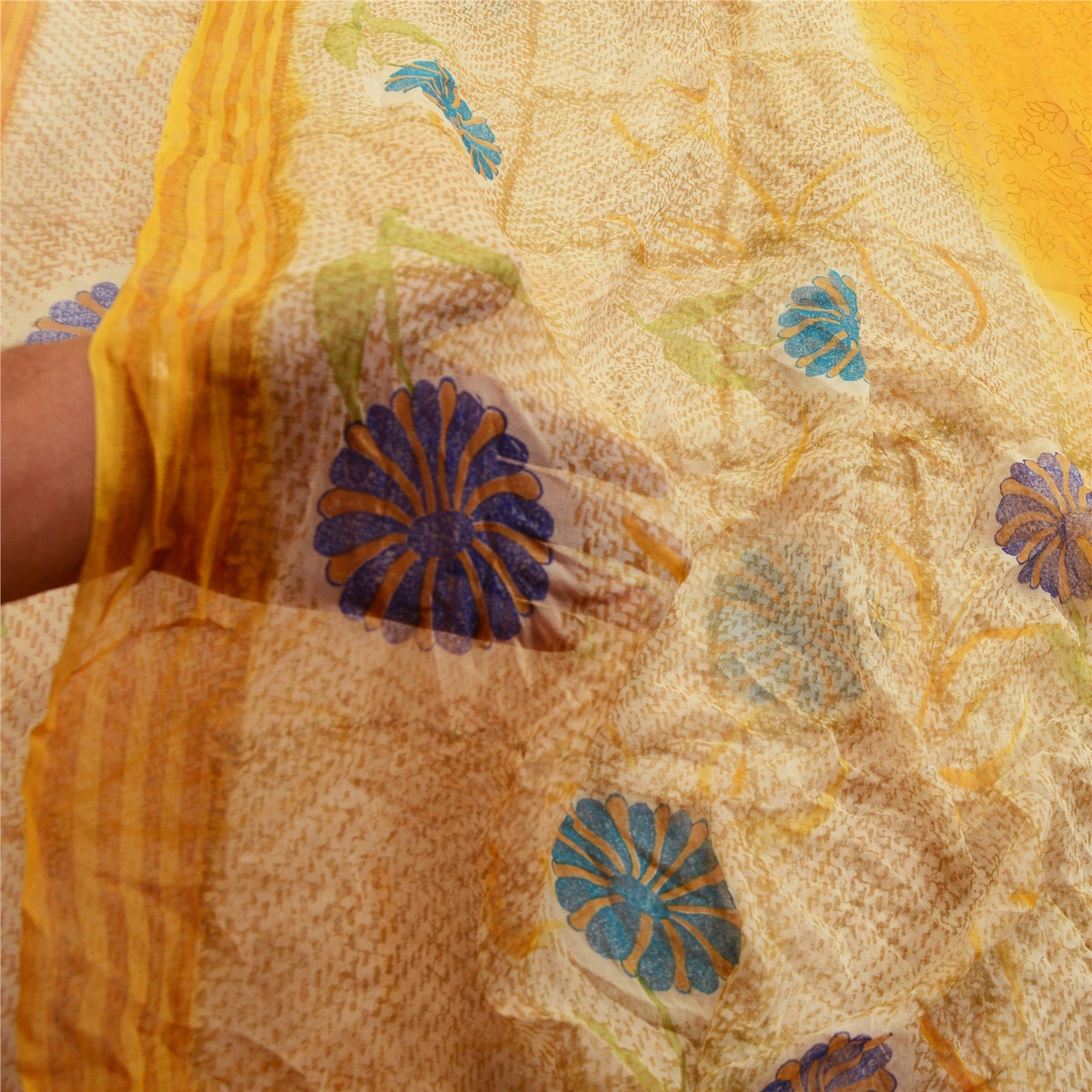 Sanskriti Vintage Sarees Indian Yellow Pure Chiffon Silk Print Sari Craft Fabric, PRG-12597-Yellow-Printed Floral Design-Pure Chiffon Silk-5