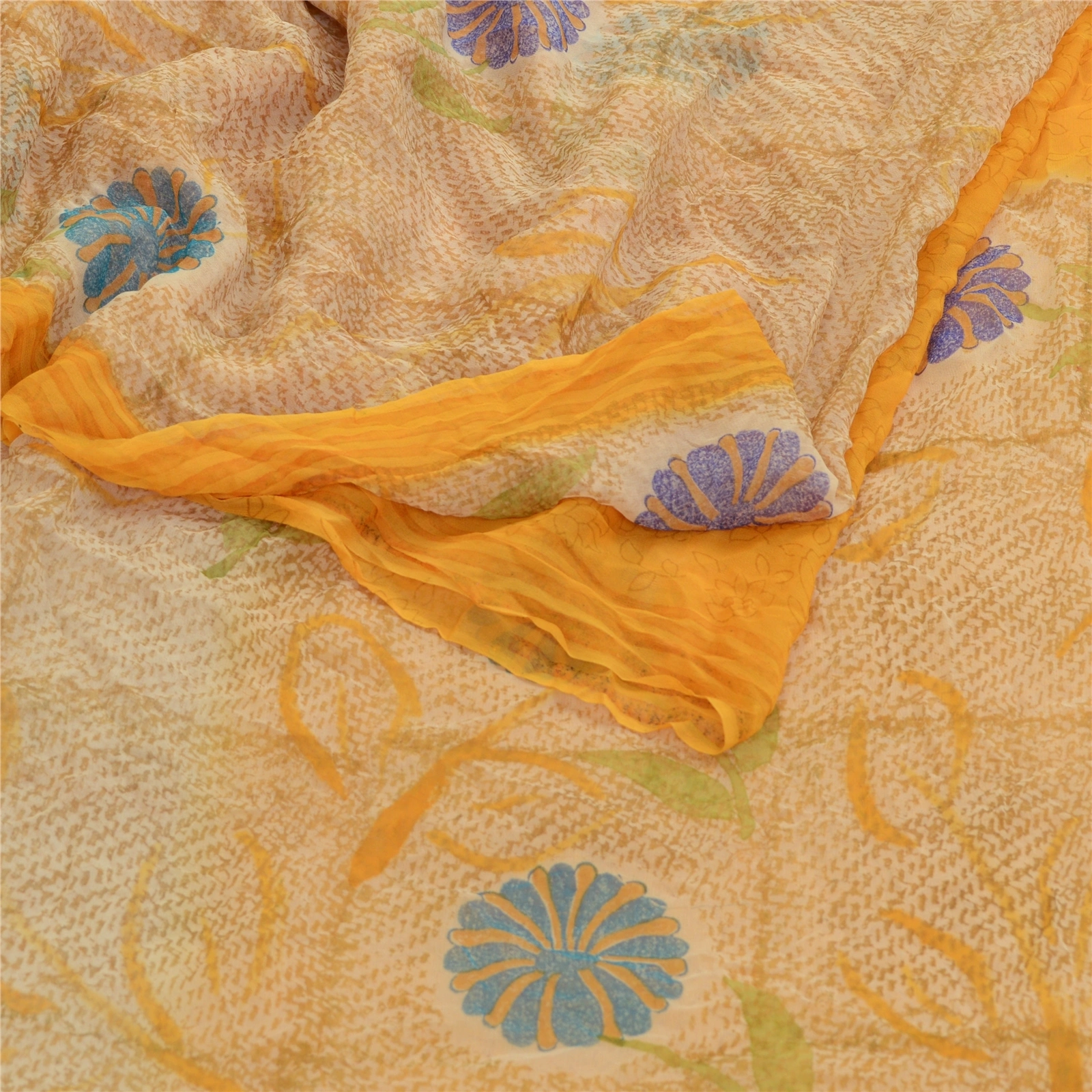 Sanskriti Vintage Sarees Indian Yellow Pure Chiffon Silk Print Sari Craft Fabric, PRG-12597-Yellow-Printed Floral Design-Pure Chiffon Silk-8