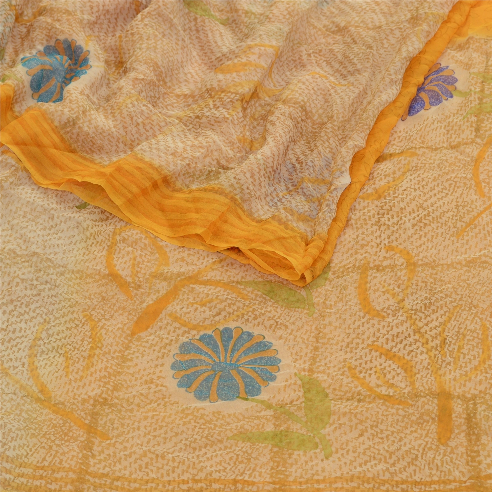 Sanskriti Vintage Sarees Indian Yellow Pure Chiffon Silk Print Sari Craft Fabric, PRG-12597-Yellow-Printed Floral Design-Pure Chiffon Silk-10