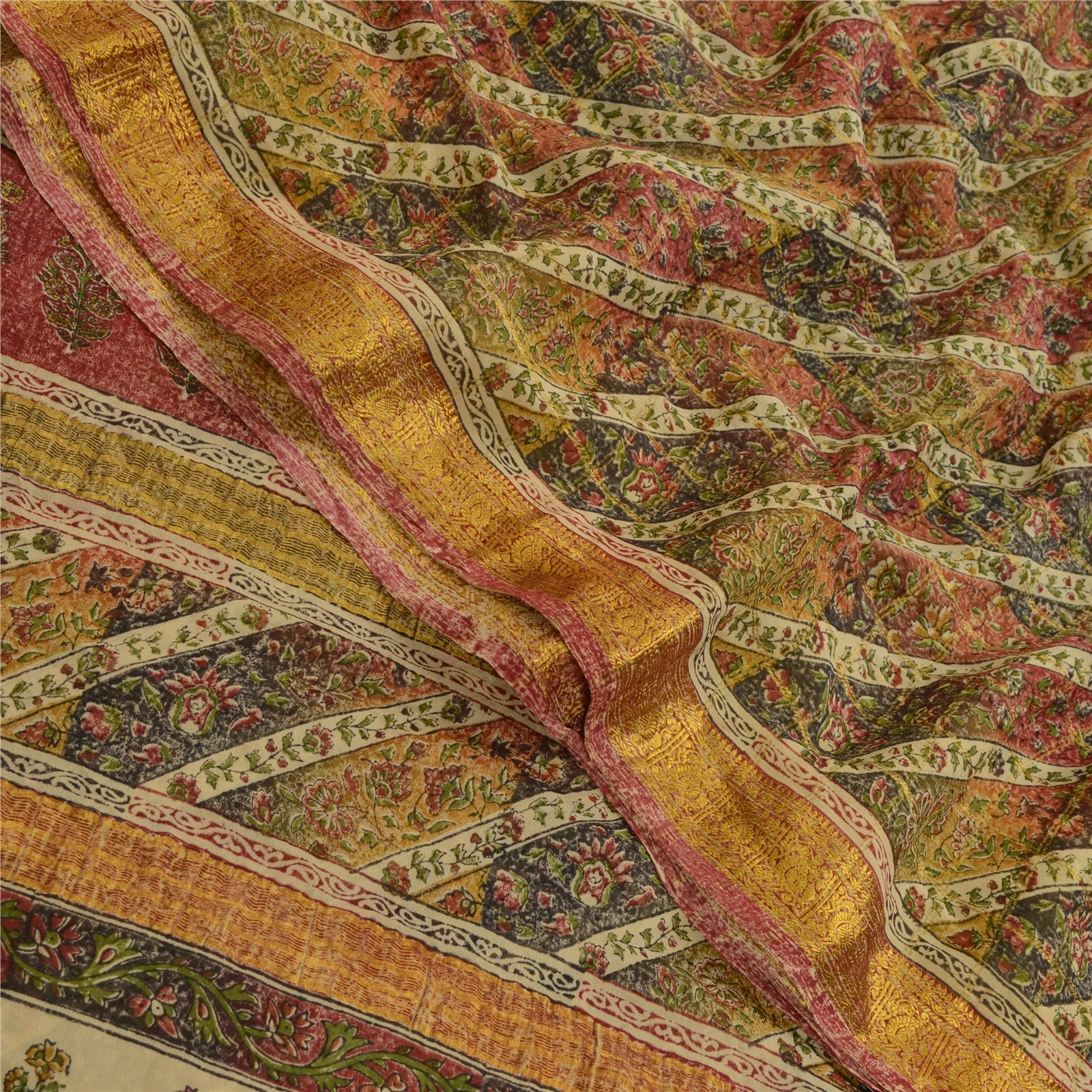 Sanskriti Vintage Sarees Multi Pure Georgette Silk Printed Sari 5Yd Craft Fabric, PRG-12624-Multi-Printed Floral Design-Pure Georgette Silk-1