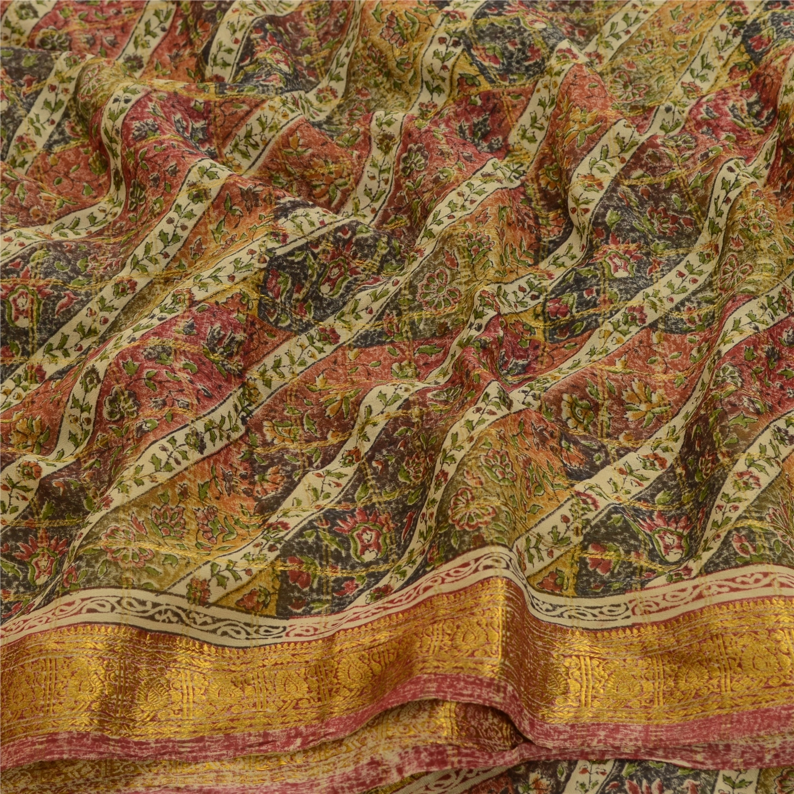 Sanskriti Vintage Sarees Multi Pure Georgette Silk Printed Sari 5Yd Craft Fabric, PRG-12624-Multi-Printed Floral Design-Pure Georgette Silk-6