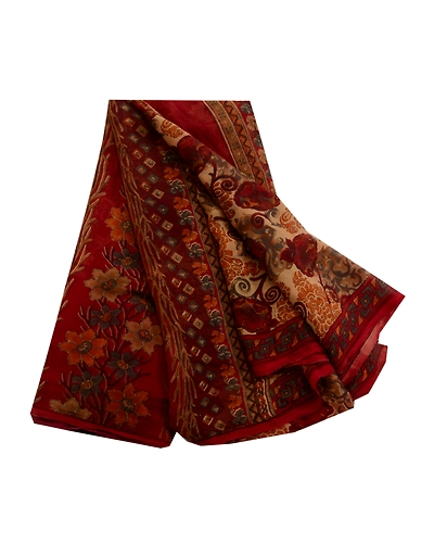 Sanskriti Vintage Sarees Dark Red Pure Chiffon Silk Printed Sari Craft Fabric, PRG-12625-Dark Red-Printed Floral Design-Pure Chiffon Silk-2