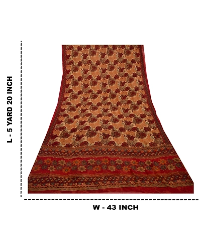 Sanskriti Vintage Sarees Dark Red Pure Chiffon Silk Printed Sari Craft Fabric, PRG-12625-Dark Red-Printed Floral Design-Pure Chiffon Silk-3
