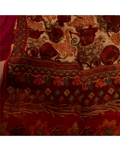 Sanskriti Vintage Sarees Dark Red Pure Chiffon Silk Printed Sari Craft Fabric, PRG-12625-Dark Red-Printed Floral Design-Pure Chiffon Silk-4