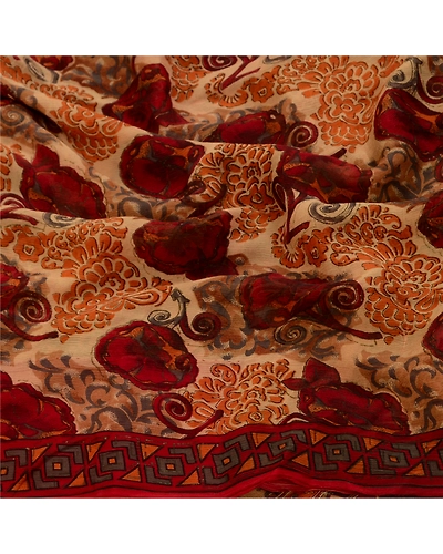 Sanskriti Vintage Sarees Dark Red Pure Chiffon Silk Printed Sari Craft Fabric, PRG-12625-Dark Red-Printed Floral Design-Pure Chiffon Silk-6