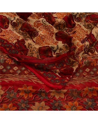 Sanskriti Vintage Sarees Dark Red Pure Chiffon Silk Printed Sari Craft Fabric, PRG-12625-Dark Red-Printed Floral Design-Pure Chiffon Silk-7
