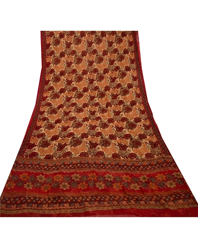 Sanskriti Vintage Sarees Dark Red Pure Chiffon Silk Printed Sari Craft Fabric, PRG-12625-Dark Red-Printed Floral Design-Pure Chiffon Silk-8