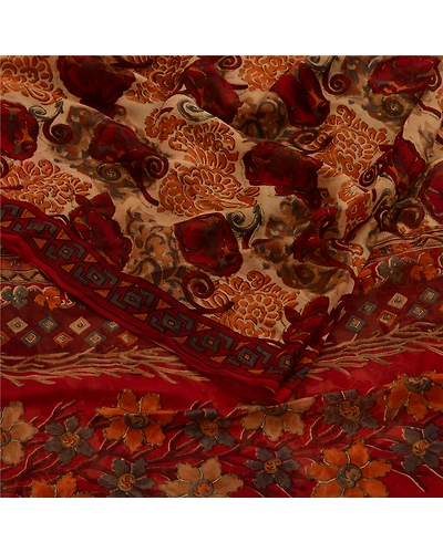 Sanskriti Vintage Sarees Dark Red Pure Chiffon Silk Printed Sari Craft Fabric, PRG-12625-Dark Red-Printed Floral Design-Pure Chiffon Silk-9