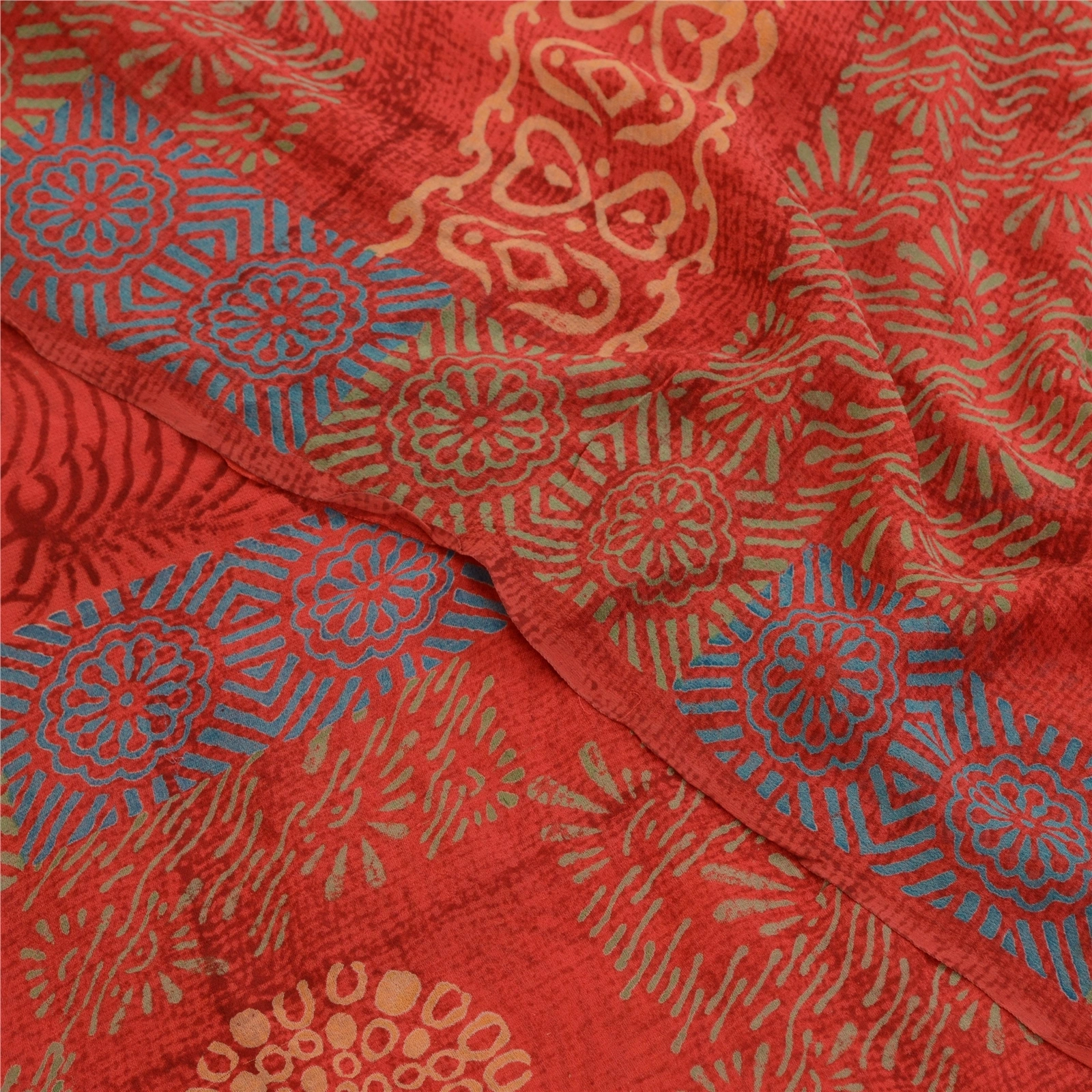 Sanskriti Vintage Sarees Red Pure Georgette Silk Printed Sari 5Yd Craft Fabric, PRG-12627-Red-Printed Floral Design-Pure Georgette Silk-1