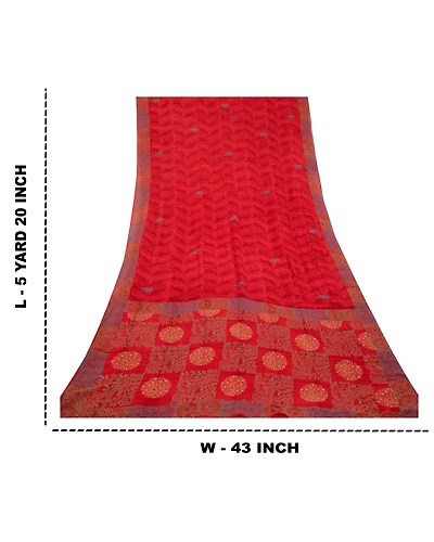Sanskriti Vintage Sarees Red Pure Georgette Silk Printed Sari 5Yd Craft Fabric, PRG-12627-Red-Printed Floral Design-Pure Georgette Silk-3