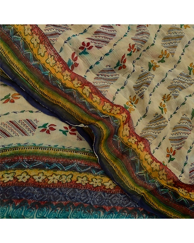 Sanskriti Vintage Sarees Pale-Cream Pure Chiffon Silk Printed Sari Craft Fabric, PRG-12630-Pale-Cream-Printed Floral Design-Pure Chifon Silk-1