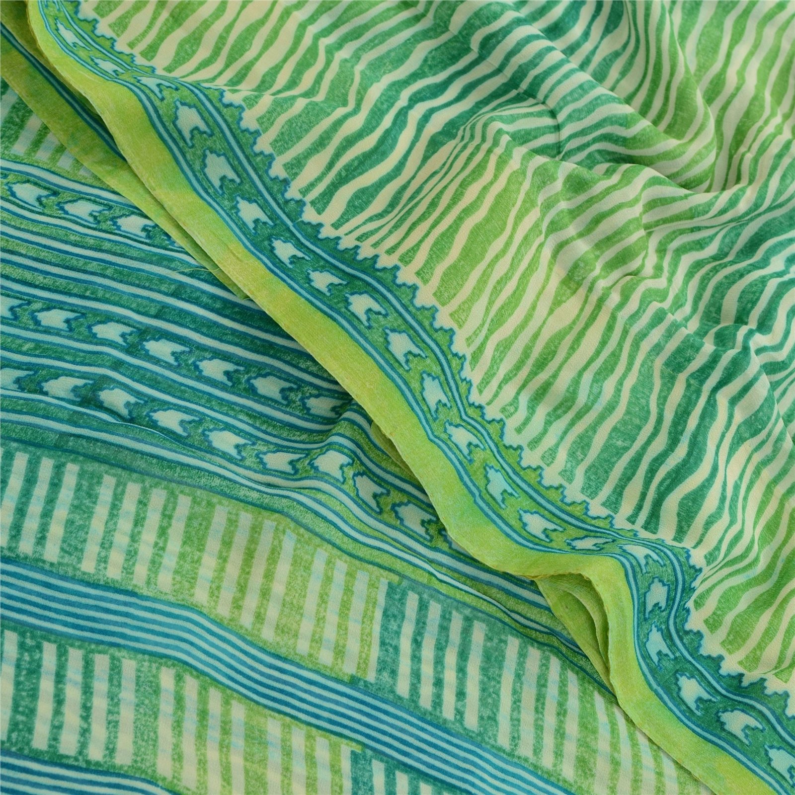 Sanskriti Vintage Sarees Green Pure Georgette Silk Printed Sari 5Yd Craft Fabric, PRG-12632-Green-Printed Floral Design-Pure Georgette Silk-1