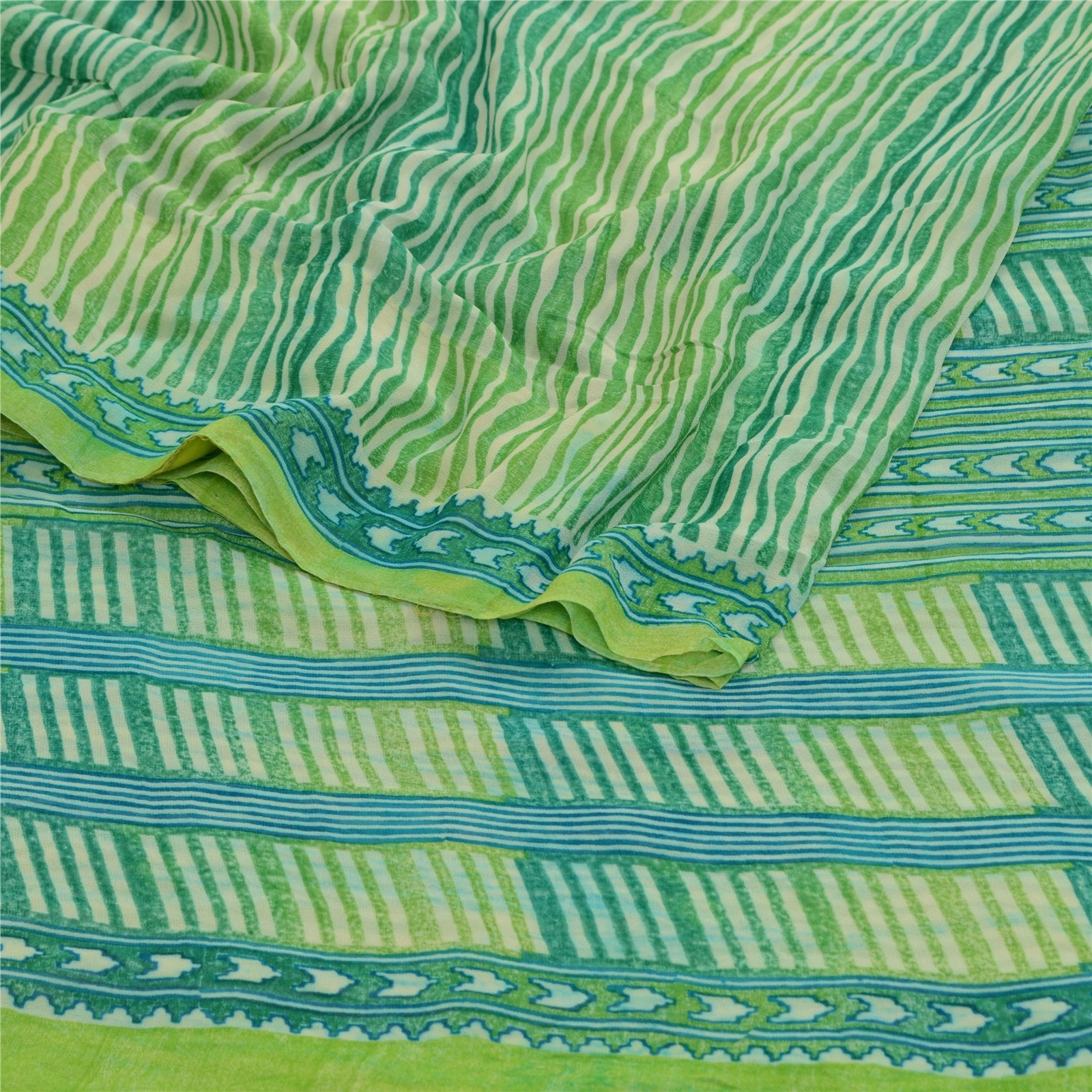 Sanskriti Vintage Sarees Green Pure Georgette Silk Printed Sari 5Yd Craft Fabric, PRG-12632-Green-Printed Floral Design-Pure Georgette Silk-7