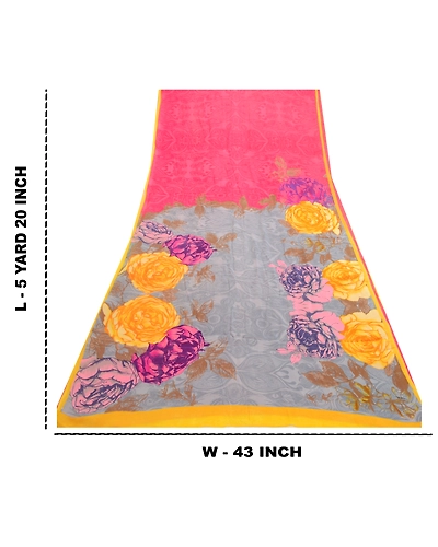 Sanskriti Vintage Sarees Pink Pure Georgette Silk Printed Sari 5Yd Craft Fabric, PRG-12651-Pink-Printed Floral Design-Pure Georgette Silk-3