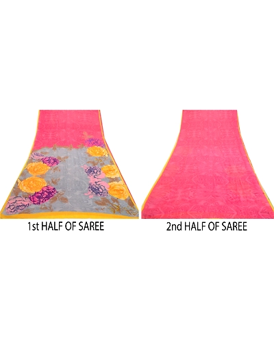 Sanskriti Vintage Sarees Pink Pure Georgette Silk Printed Sari 5Yd Craft Fabric, PRG-12651-Pink-Printed Floral Design-Pure Georgette Silk-5